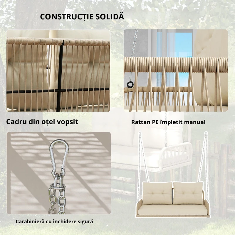 Outsunny Balansoar Hollywood 2 locuri din ratan, leagăn de grădină cu perne și lanțuri, până la 240 kg 115 x 66 x 44 cm Bej