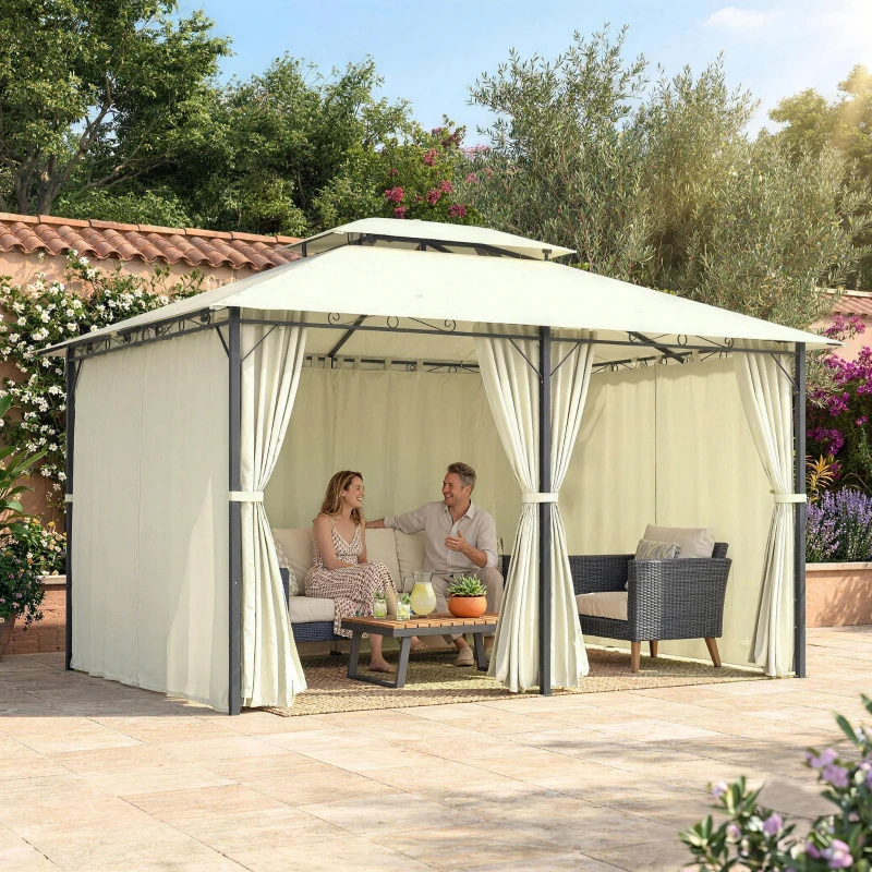 Outsunny 4m x 3(m)Garden Gazebo, Double Roof Outdoor Gazebo Canopy Shelter with Curtains, Solid Steel Frame for Lawn and Deck, Beige
