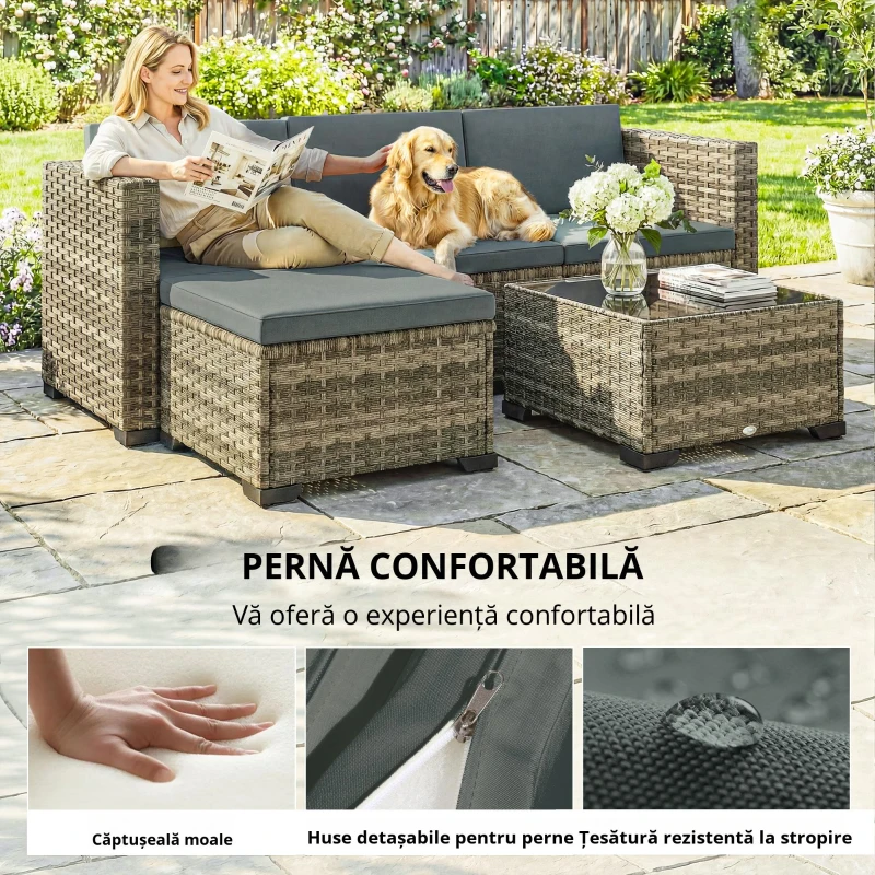 Outsunny Set exterior de grădină din ratan 5 piese cu perne 2 fotolii de colț fotoliu fără brațe suport pentru picioare și masă