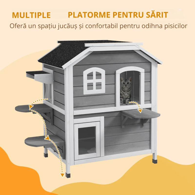 PawHut Casa de pisici din lemn cu 2 etaje rezistentă la iarnă și impermeabilă, cu acoperiș asfaltat, capac cu clapetă, scară, cuib de pisici, adăpost pentru exterior interior, grădină, balcon 78 x 55,5 x 91 cm Gri