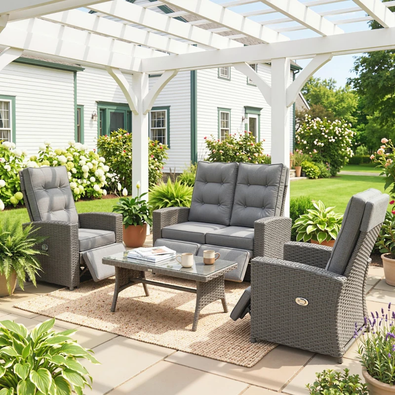 Outsunny 4 Piece Rattan Garden Furniture Set Outdoor Sofa Sectional Set with Glass Top Table for Poolside, Grey