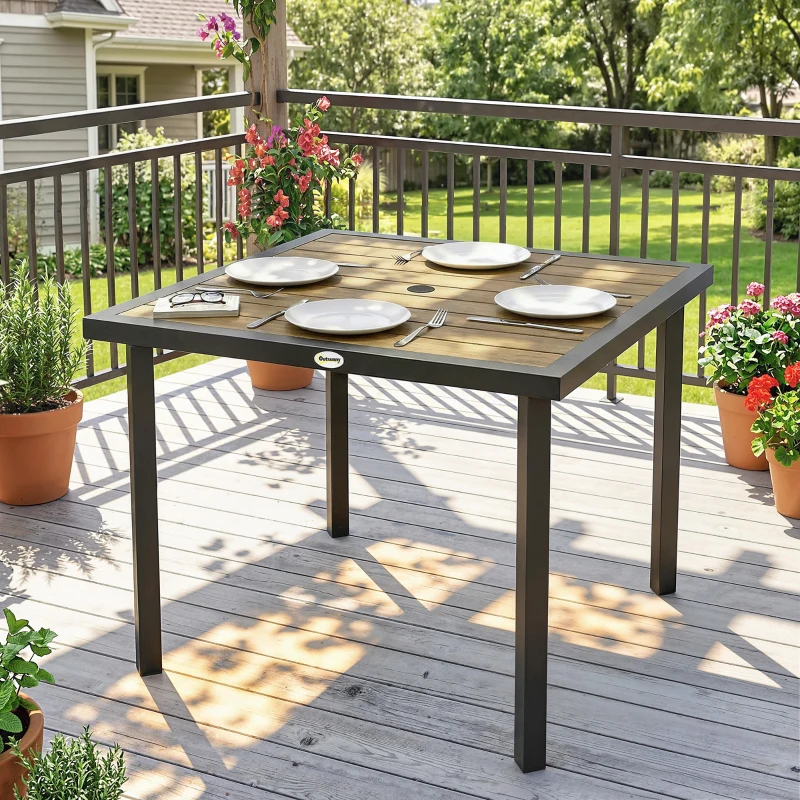 Outsunny Square Garden Dining Table with 5.4cm Parasol Hole, Slatted Top, Metal Frame, 86 x 86 x 71cm, Brown