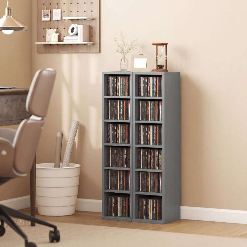 HOMCOM Set of 2 CD Media Display Shelf Unit Tower Rack with Adjustable Shelves, Light Grey