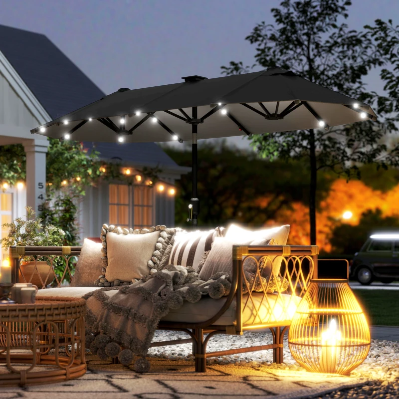 Outsunny Doppelschirm, Terrassenschirm, neigbar, mit Solarpaneel, 35 LEDs, Stahlrahmen, grau, 2,92 x 1,50 x 2,18 m