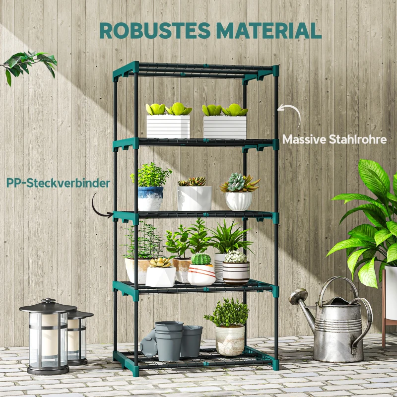 Outsunny 5-Etagen Pflanzenständer, 138 cm hoch Blumenständer für Innen Außen, Pflanzenregal aus Stahl Dunkelgrün