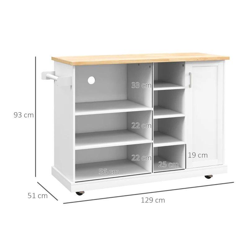HOMCOM Kücheninselwagen mit Rollen 7 Fächer 1 Schrank 1 Tür 1 Handtuchhalter 129 x 51 x 93 cm Holz und Weiß