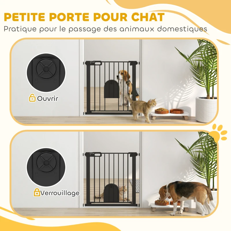 PawHut Barrière de sécurité animaux avec porte fermeture automatique système de double verrouillage, acier noir