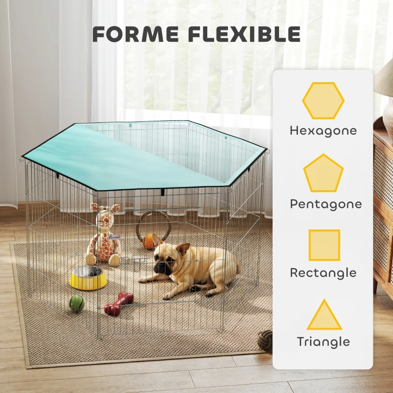PawHut Parc pour chien, enclos chien 6 panneaux avec toit, modulable et pliable, enclos portable 76H cm avec porte argent vert