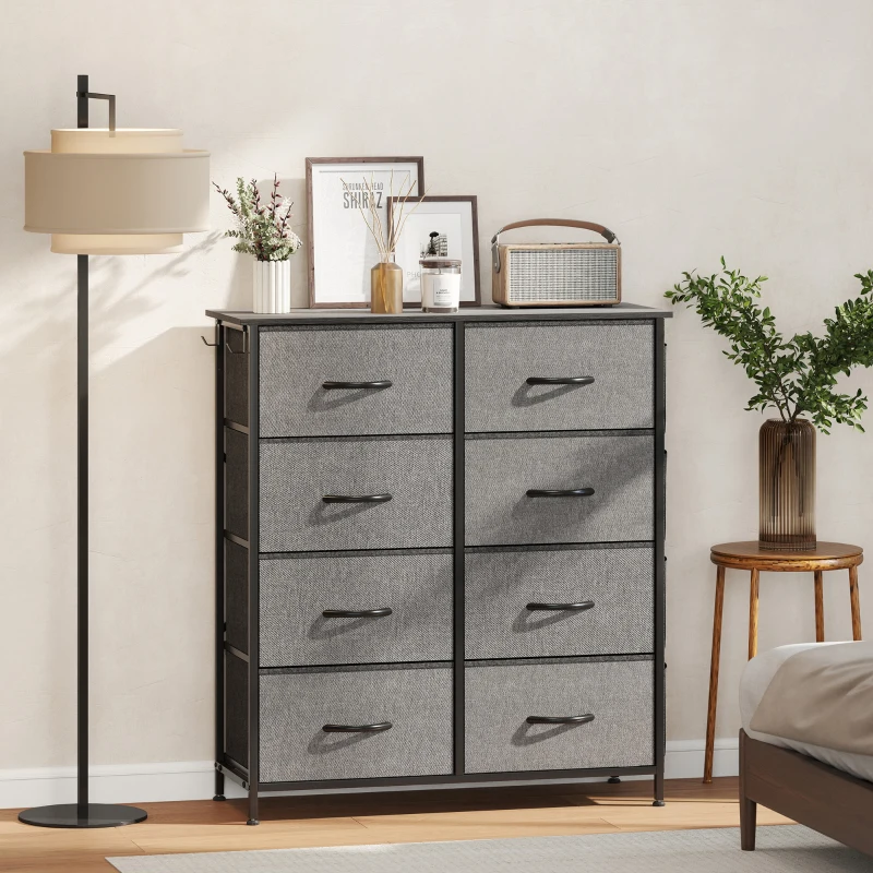 HOMCOM Cassettiera in tessuto con 8 cassetti, 4 tasche e 2 ganci, 86x30x94,5 cm, grigia