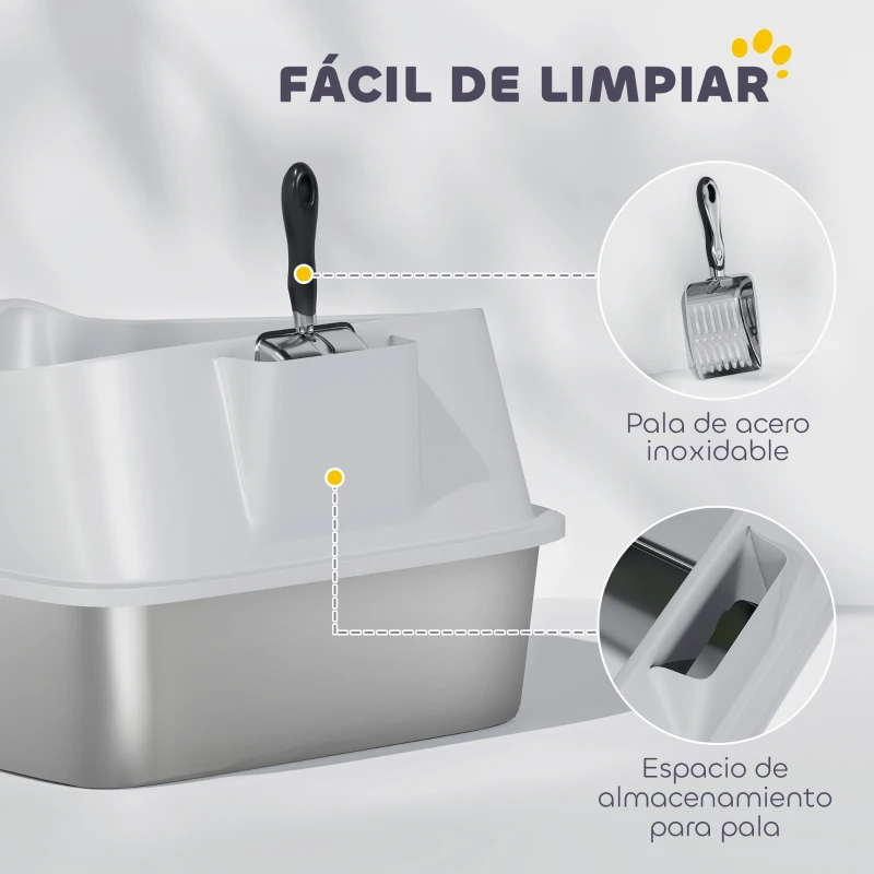 PawHut Arenero para Gatos de Acero Inoxidable XL con Borde Alto Pala Fácil de Limpiar Prueba de Fugas 60,2x40,2x29,7 cm Gris