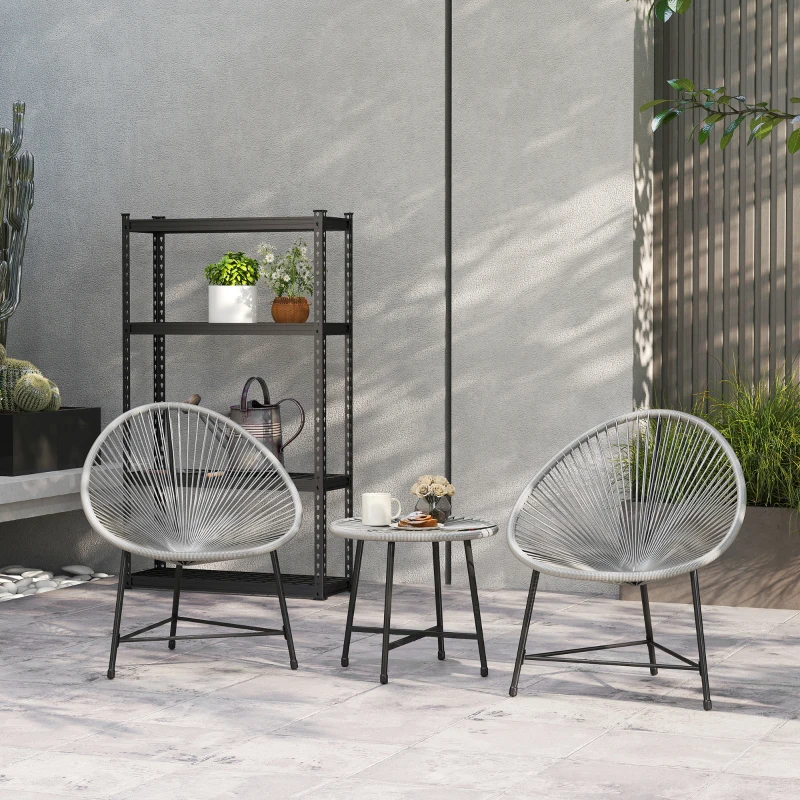 Outsunny 3-teiliges Gartenmöbel-Set, 2 Kunststoffrattan-Stühle, 1 Tisch mit Glasplatte, Stahlrahmen, Outdoor-Sitzmöbel, Grau