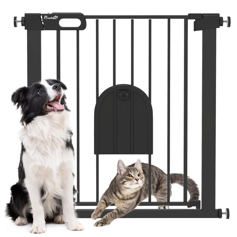 PawHut Barrière de sécurité animaux avec porte fermeture automatique système de double verrouillage, acier noir