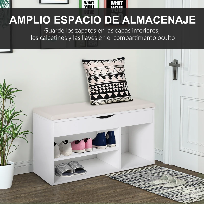 HOMCOM Banco Zapatero Mueble para Zapatos Salvaespacio con Asiento Acolchado Abatible para Entrada Madera 80x30x47 cm Blanco