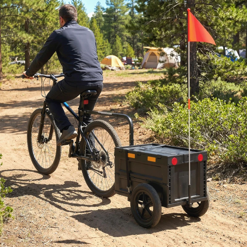 SPORTNOW Remorque Vélo Cargo Chariot de Transport Pliable Caisse Plastique 65L Couvercle Dégagement Rapide 145x51,5x72cm Noir