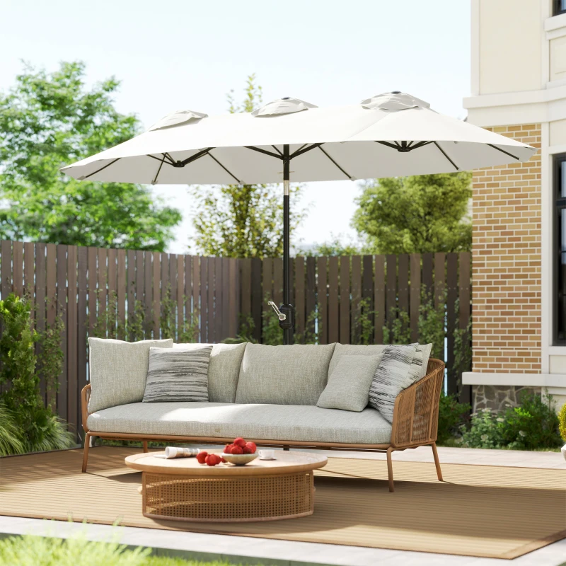 Outsunny Sonnenschirm, Gartenschirm, neigbar, mit Handkurbel, Winddach, Polyester+Stahl, Cremeweiß, 295 x 152 cm
