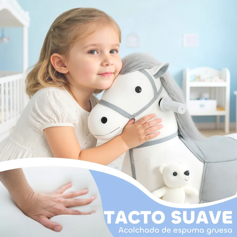AIYAPLAY Caballito Eléctrico con Música Batería 6V Tacto Suave Ruedas Silenciosas de PU Marcha Adelante Blanco