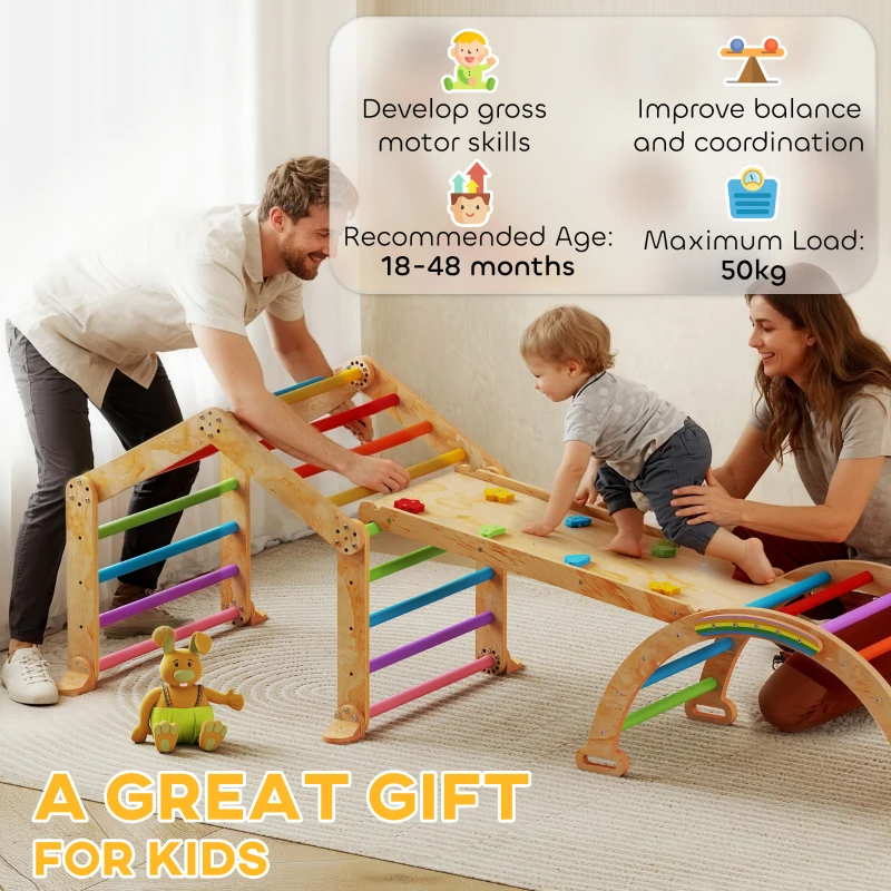 AIYAPLAY Triangle d'escalade enfant avec rampe réversible toboggan bascule et structure d'escalade multicolore