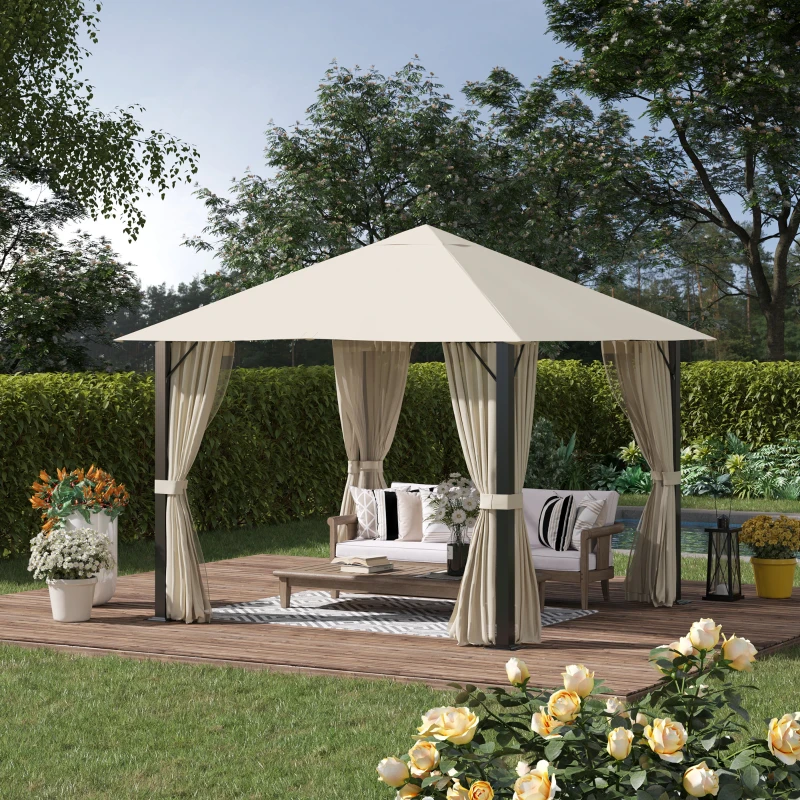 Outsunny Gazebo da Giardino 3x3m in Alluminio e Acciaio con Prese d'Aria, Zanzariera e Tende, Cachi