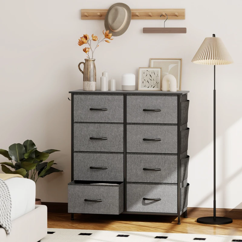 HOMCOM Kommode 8 Stoff-Schubladen, Aufbewahrungsmöbel mit 4 Taschen, 2 Haken, Stahlgestell, 86 x 30 x 94,5 cm, grau