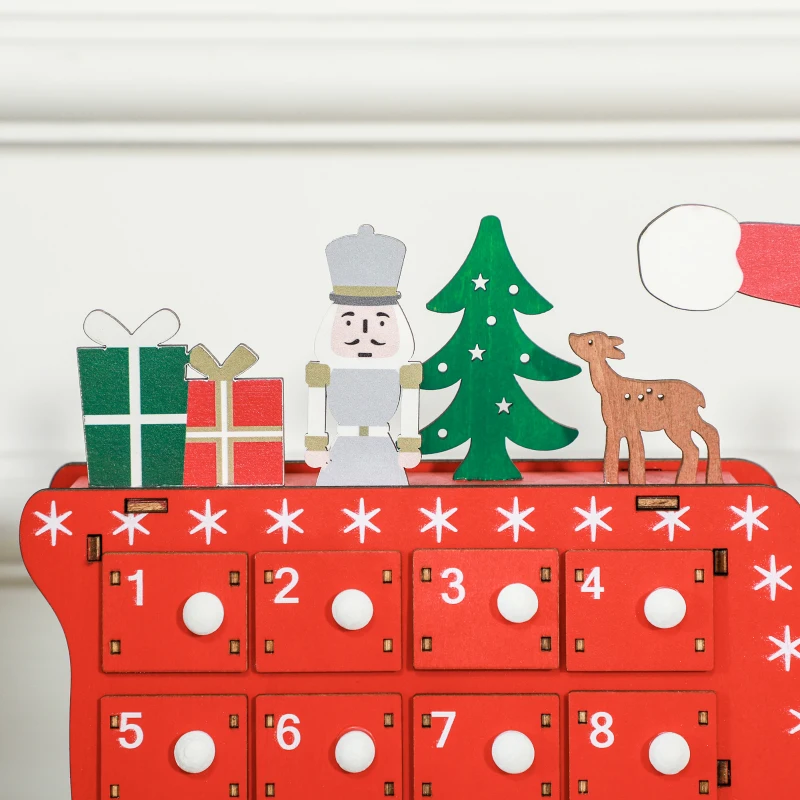 HOMCOM Calendrier de l'Avent à remplir en bois, décoration de Noël avec 24 tiroirs, Père Noël et traîneau, 22,5x8x36cm, rouge