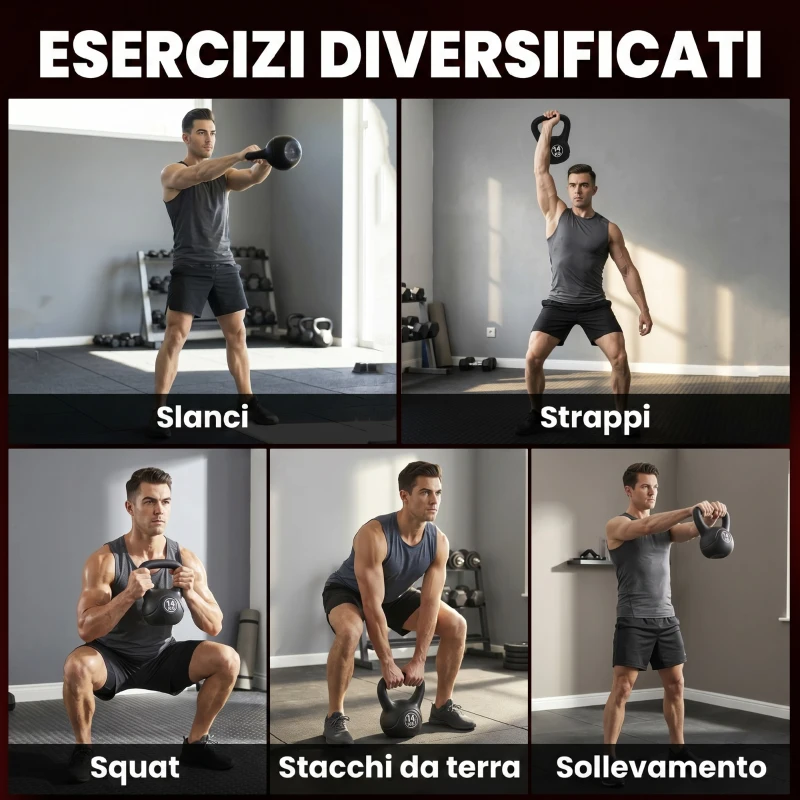 HOMCOM Kettlebell 14kg in Plastica e Sabbia con Base Piatta e Impugnatura, Nero