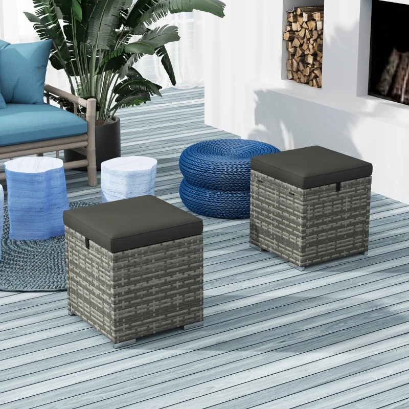 Outsunny 2er Set Rattan Hocker Sitzhocker mit Rattanoptik Stauraum Kissen Deckel 120 kg belastbar 40x40x41cm Dunkelgrau