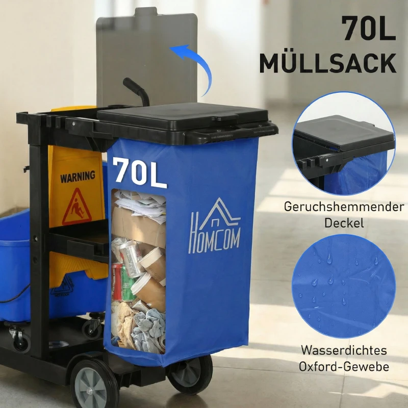 HOMCOM Reinigungskarre, Rollender Putzwagen mit 3 Ablagen, 70-Liter-Müllsack, Mop-Wringer-Eimer, Blau