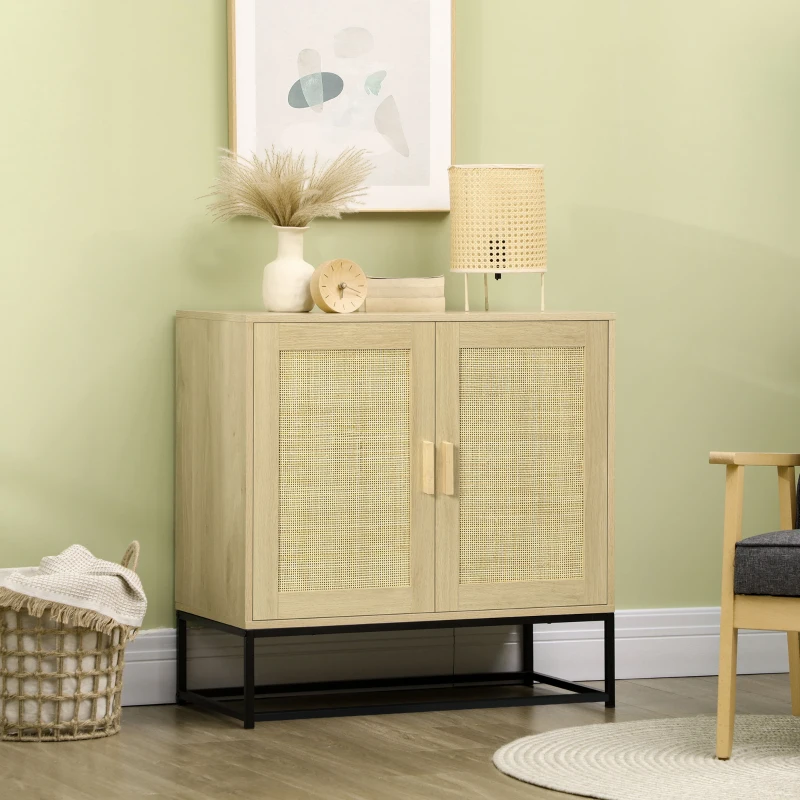 HOMCOM Buffet bas style bohème avec placard 2 portes rotin tissé étagère ajustable en hauteur 80 x 40 x 80 cm naturel