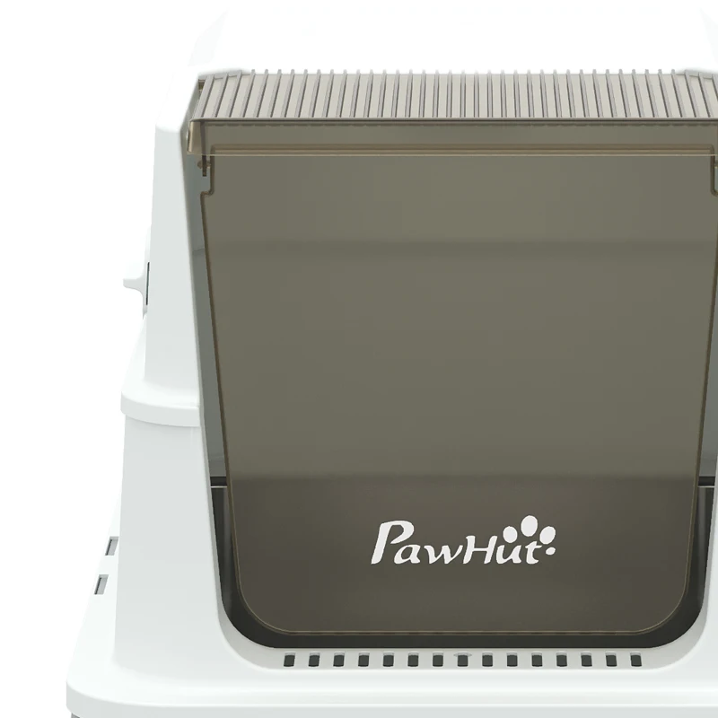 PawHut RVS kattenbak met deksel, XL kattenbak met schep, uitschuifbare lade, hoge randen, eenvoudig te reinigen, grijs