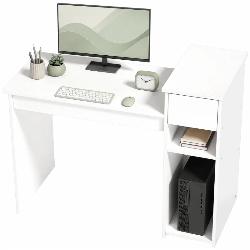 HOMCOM Escritorio para Ordenador con Cajón y Estantería Escritorio con Soporte para Unidad Central 108x50x82 cm Blanco