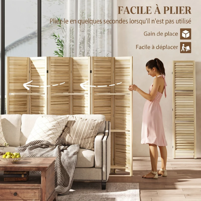 HOMCOM Paravent intérieur en bois 4 panneaux 160 x 170 cm, séparateur de pièce pliable 3 étagères, bois naturel effet brûlé
