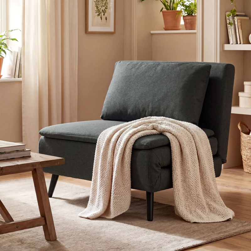 HOMCOM Sillón Cama Sillón Abatible 3 en 1 con Tejido Efecto Lino Y Respaldo Regulable Muelles en S Patas Metálicas Gris Oscuro