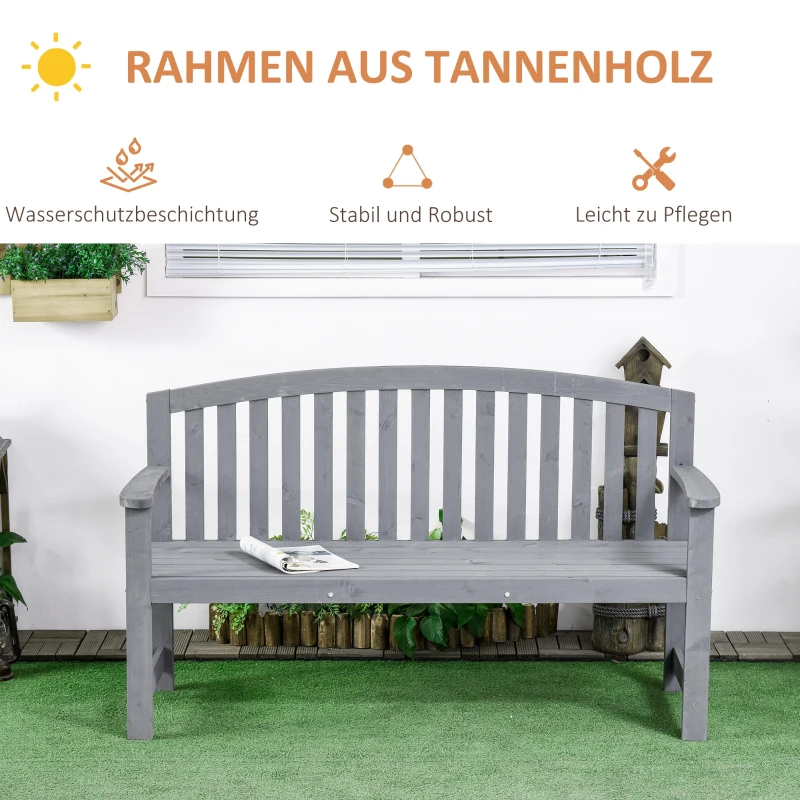 Outsunny 2-Sitzer Gartenbank Holz, wetterfest Sitzbank, Gartenmöbel mit Rückenlehnen, 240 kg belastbar 143 x 51 x 85 cm, Grau