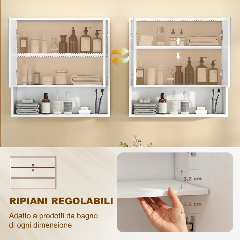 HOMCOM Armadietto Bagno Parete, Mobiletto Ante Soft-close, Ripiano Regolabile