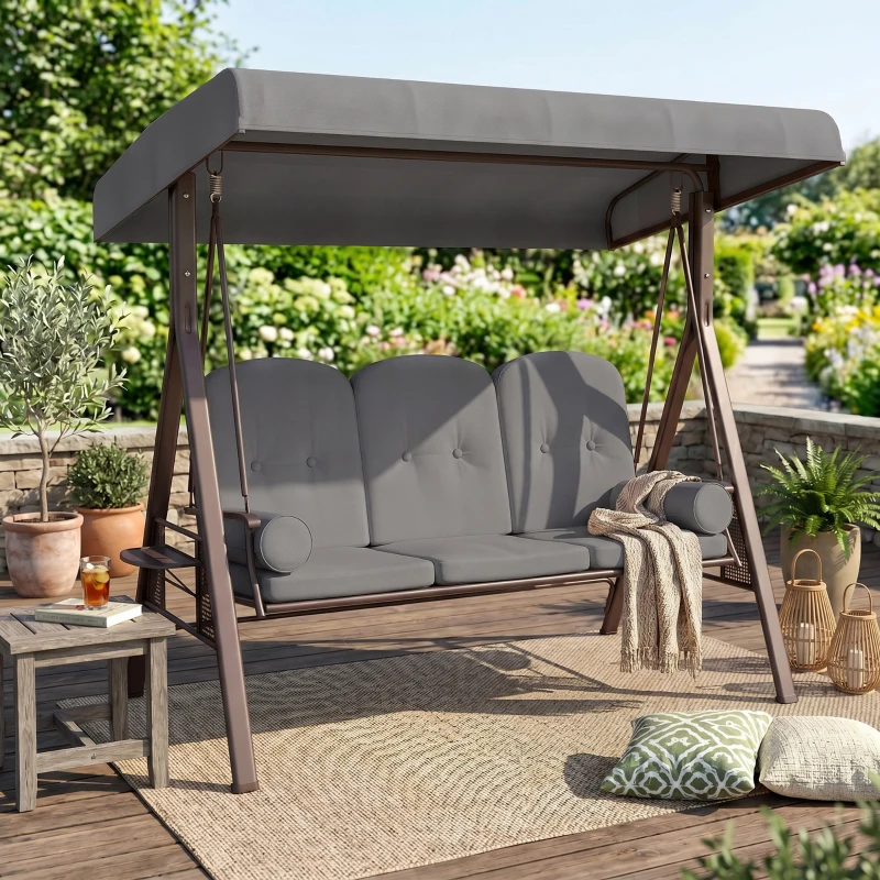 Outsunny Hollywoodschaukel 3-Sitzer Gartenschaukel mit Sonnendach Tablett Sitzauflage  bis 360kg Dunkelgrau