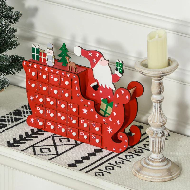 HOMCOM Calendrier de l'Avent à remplir en bois, décoration de Noël avec 24 tiroirs, Père Noël et traîneau, 22,5x8x36cm, rouge
