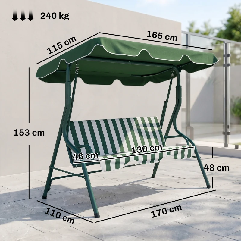 Outsunny Balancelle de Jardin 3 Places Toit imperméabilisé Inclinaison réglable Coussins Assise Dossier Vert Blanc rayé