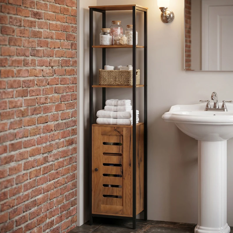 kleankin Mobile Bagno Alto Stretto, Mobiletto Bagno Salvaspazio con Ante Soft Close a Persiana, 3 Ripiani Aperti, Ripiani Regolabili, Marrone Rustico