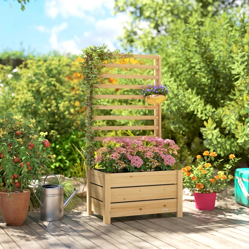 Outsunny Hochbeet mit Rankgitter Holz erhöhter Blumenkasten mit Spalier Abflussloch Vliesstoff 60 x 39 x 120 cm Naturholz