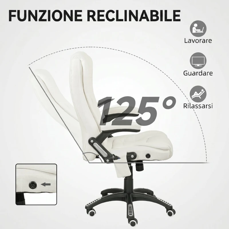 Vinsetto Sedia da Ufficio Reclinabile Massaggiante con Altezza Regolabile, Telecomando, in Tessuto Effetto Lino, Crema