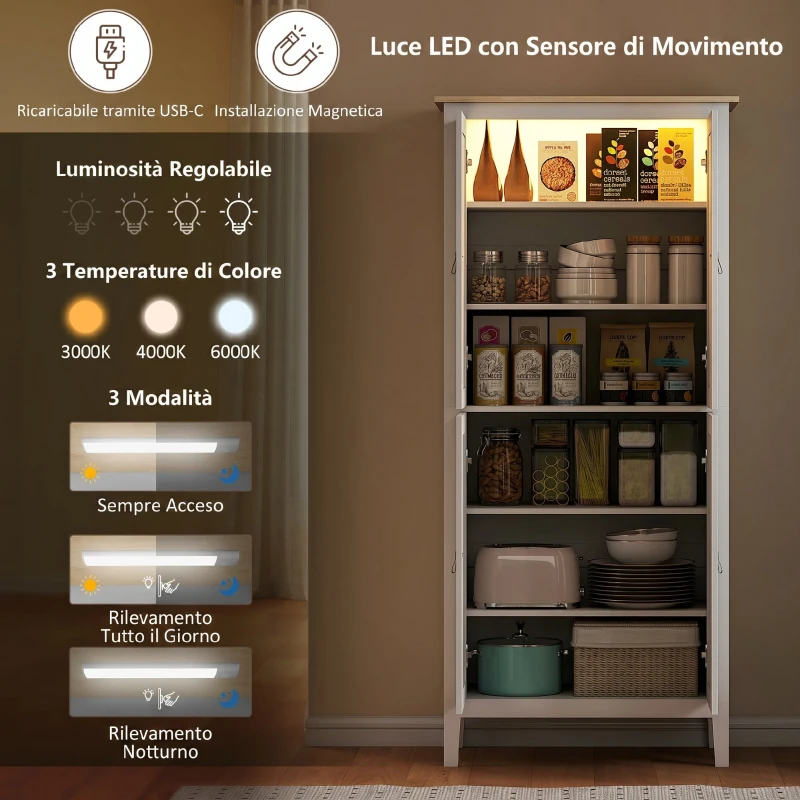 HOMCOM Credenza Cucina Alta 177 cm, Mobile Cucina con Luce LED, Dimmerabile a 3 Colori, Ripiani Regolabili, Bianco