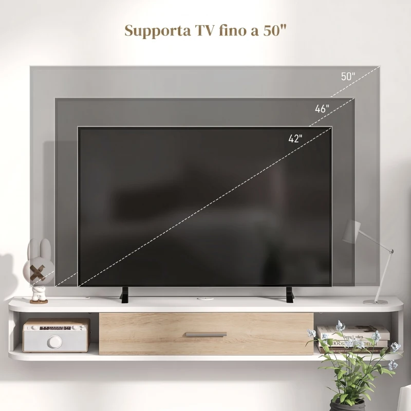 HOMCOM Mobile TV Sospeso in Legno con 2 Ripiani Aperti e Armadietto, 120x26x16 cm, Bianco e Rovere