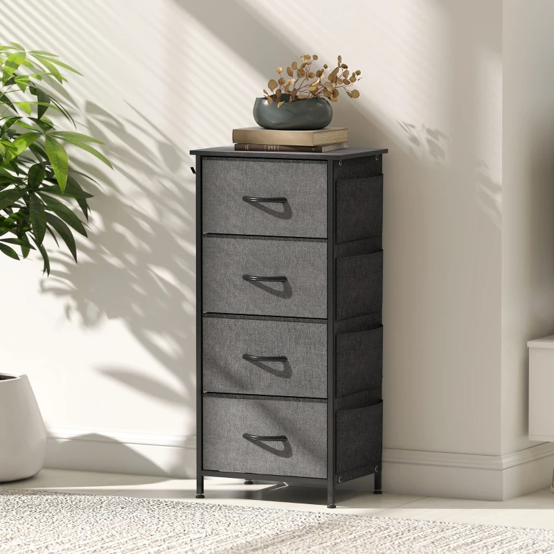 HOMCOM Kommode 4 Schubladen aus Stoff, Aufbewahrungsmöbel mit 4 Taschen, 2 Haken, Stahlgestell, 45 x 30 x 94,5 cm, grau