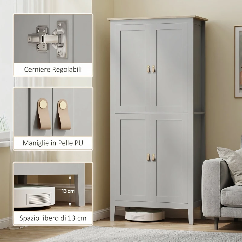 HOMCOM Credenza Cucina Alta 177 cm, Mobile Cucina con Luce LED, Dimmerabile a 3 Colori, Ripiani Regolabili, Bianco