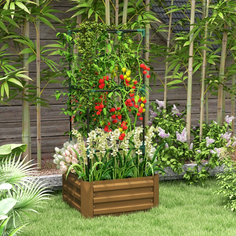 Outsunny Hochbeet mit Rankgitter Pflankasten mit Rankhilfe, offener Boden, wetterbeständig, 61 cm x 61 cm x 140 cm, Braun