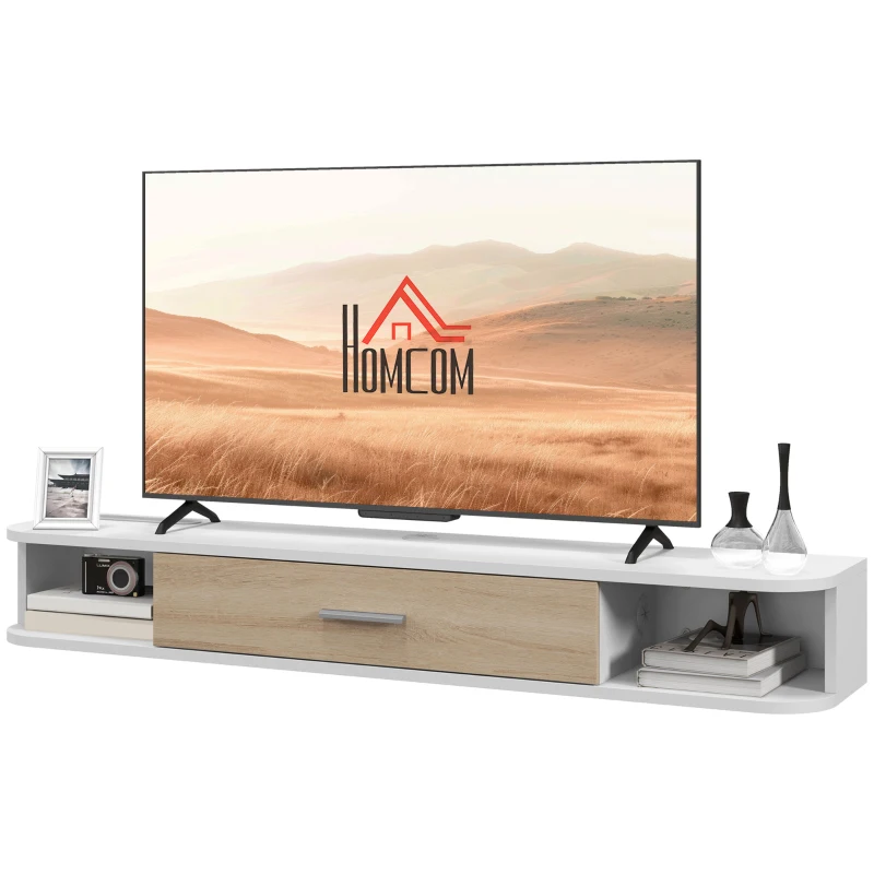HOMCOM Mobile TV Sospeso in Legno con 2 Ripiani Aperti e Armadietto, 120x26x16 cm, Bianco e Rovere