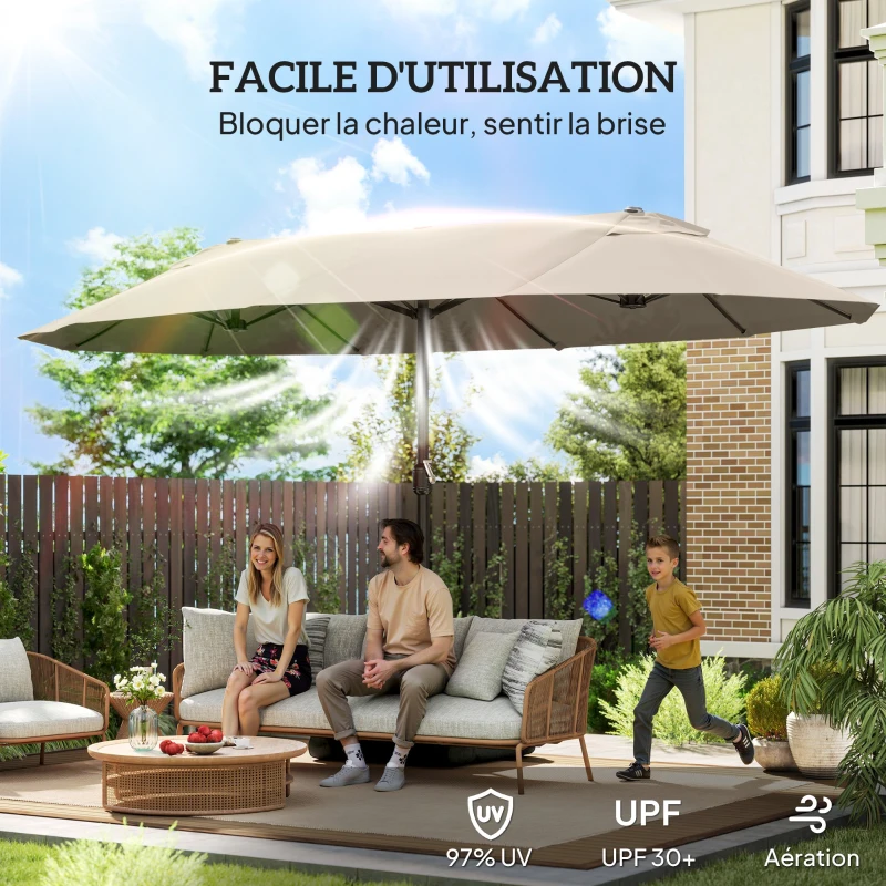 Outsunny Parasol de jardin double rectangulaire 4,6L x 2,7l x 2,4H m avec ouverture fermeture manivelle, toile 180 g/m², kaki