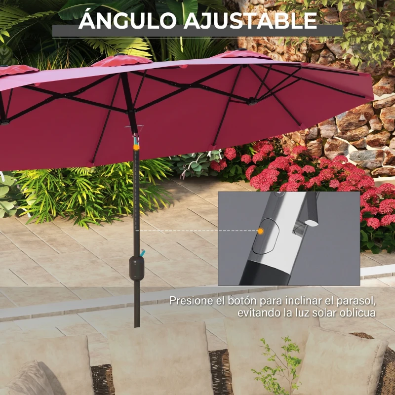 Outsunny Sombrilla Doble de Jardín 295x152x222 cm con Inclinación de 45° y Manivela Manual para Terraza Balcón Piscina Rojo