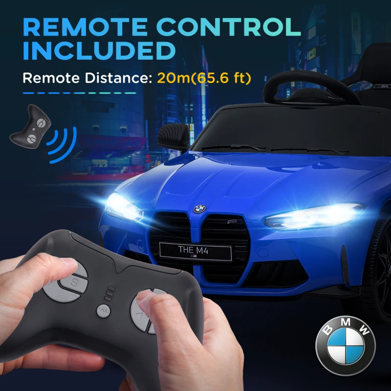 AIYAPLAY Elektroauto für Kinder mit BMW M4 Lizenz, Fernbedienung, Hupe und Scheinwerfer, 108x69,5x51 cm, Blau