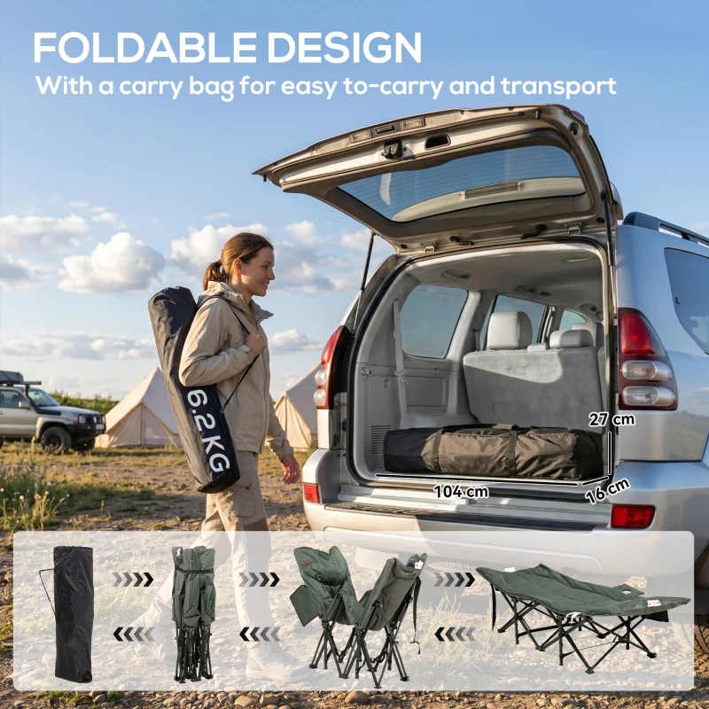 Outsunny Foldable Camp Bed, Padded Patio Camping Bed with Carry Bag, Magazine Bag and Cup Holder for Outdoor, Garden, Grey